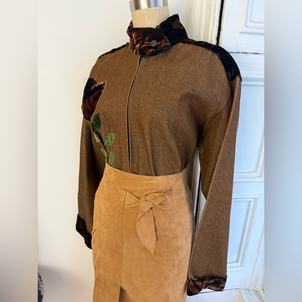 Vintage Raw Denim Brown Half Zip Jacket Velvet Trim Floral Appliqué handmade - Picture 10 of 13